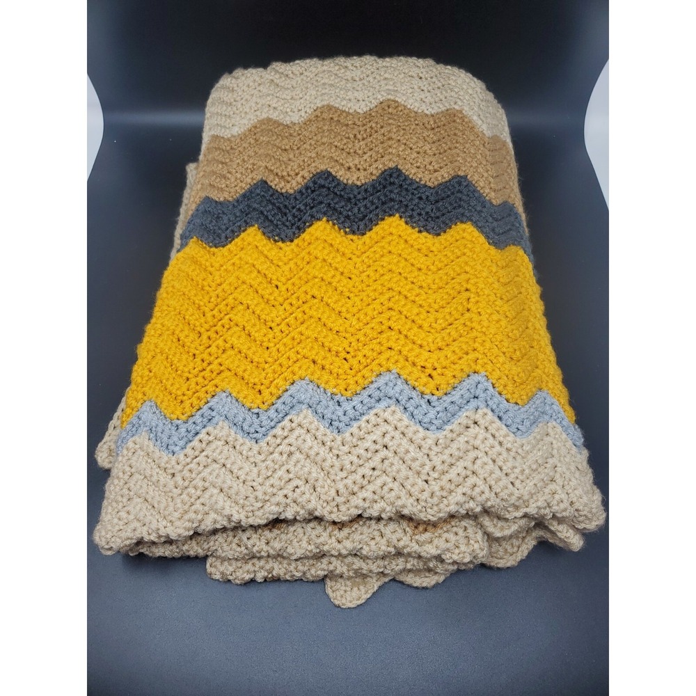 Retro Hand Crocheted Zig Zag Afghan Blanket‎ Throw 70" x 42" Fall Colors